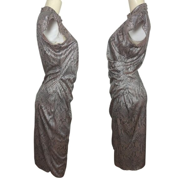 Vintage Steppin Out Metallic Snake Print Ruched Midi Dress Flutter Cap Sleeves M - Picture 6 of 16